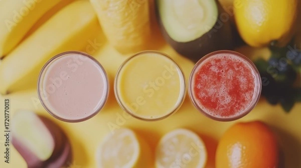 Fototapeta Fresh and Colorful Smoothies Surrounded by Vibrant Fruits and Citrus