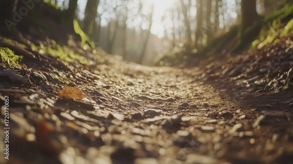 Fototapeta Tranquil Forest Pathway at Sunset with Sunlight Filtering Through Trees