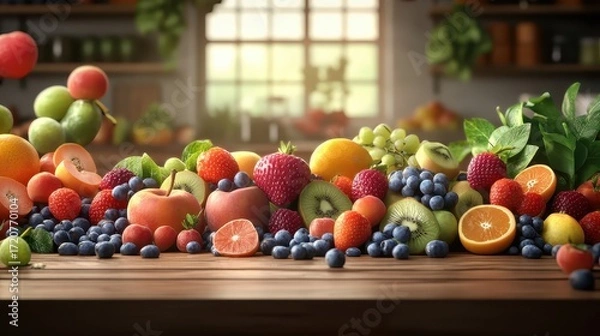 Fototapeta Fresh and Colorful Variety of Fruits on a Wooden Table Surface