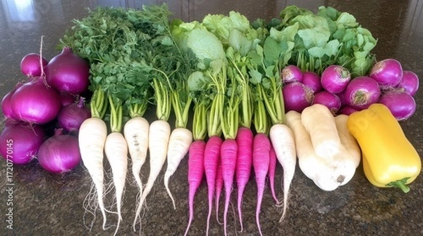 Fototapeta Fresh and Colorful Variety of Organic Vegetables on a Dark Surface