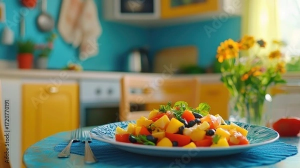 Fototapeta Fresh and Colorful Vegetable Salad on Table in Cozy Kitchen Setting