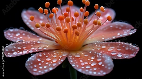 Fototapeta Close-Up Macro Shot of a Vibrant Flower (Likely Lily): Coral/Orange/Peach Petals, Orange Anthers with Reflective Drops, Solid Black Background