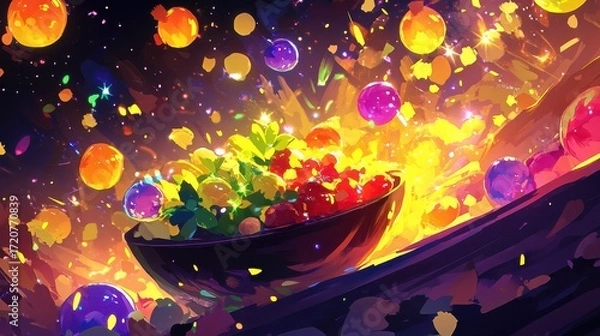 Fototapeta Vibrant Bowl of Fruits Surrounded by Colorful Orbs and Light