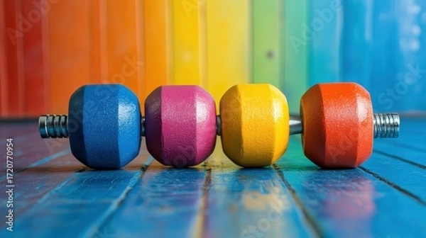 Fototapeta Vibrant Dumbbells in Bright Colors on a Colorful Wooden Surface