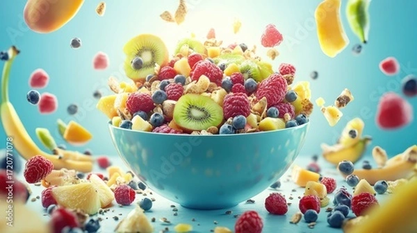 Fototapeta Vibrant Fresh Fruit Salad with Berries and Nuts Flying in Air