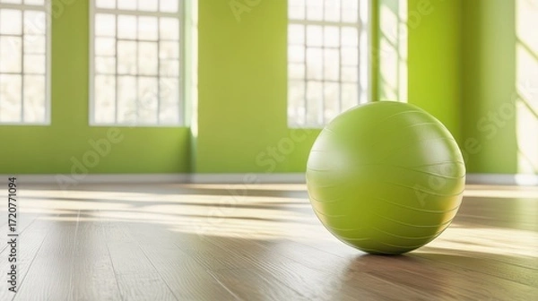 Fototapeta Vibrant Green Exercise Ball in Modern Bright Room with Windows