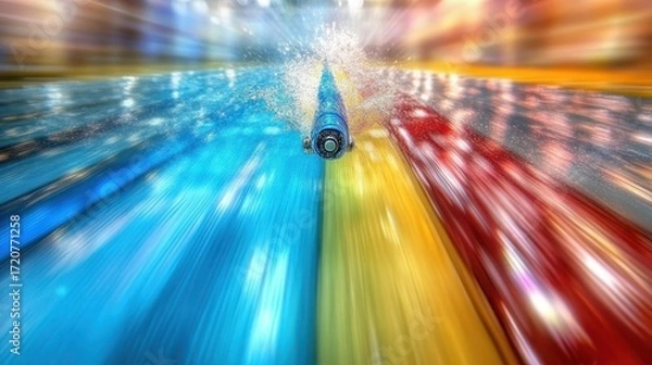Fototapeta Vibrant Swimming Pool with Water Splash and Colorful Lanes