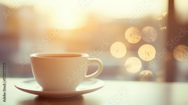 Fototapeta Warm Cup of Coffee with Beautiful Natural Light and Bokeh Effect