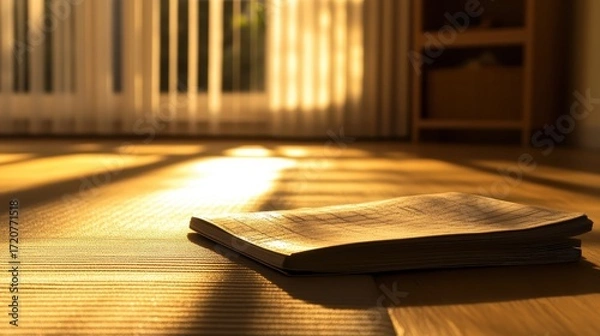 Fototapeta Warm Sunlight on Open Notebook on Wooden Floor in Cozy Room