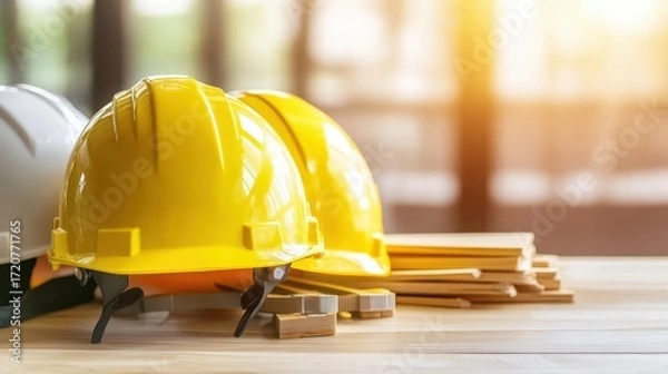 Fototapeta Yellow Hard Hats on Table with Wooden Planks in Construction Settings