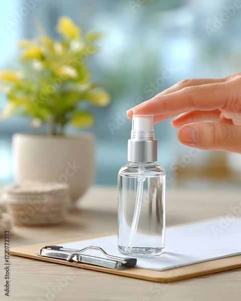 Fototapeta Applying Refreshing Mist Home Office Product Photography Bright Environment Close-Up Hydration Concept