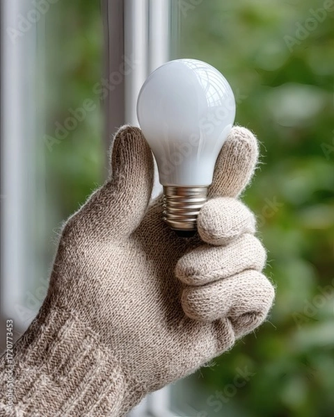 Fototapeta Installing Energy-Efficient Light Bulb Home Interior DIY Guide Cozy Environment Close-Up View Sustainable Living