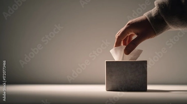 Fototapeta Hand Reaching for Tissue Box Indoor Setting Emotional Scene Minimalist Background