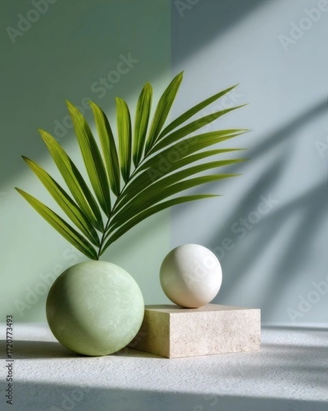 Fototapeta Modern Decorative Arrangement with Green Palm Leaf and White Egg Minimalist Studio Still Life Natural Light