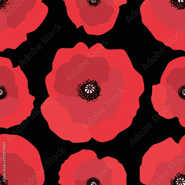 Fototapeta Floral Background with Red Poppies. Seamless Pattern with Big Red Flowers. Vector illustration on Black Background