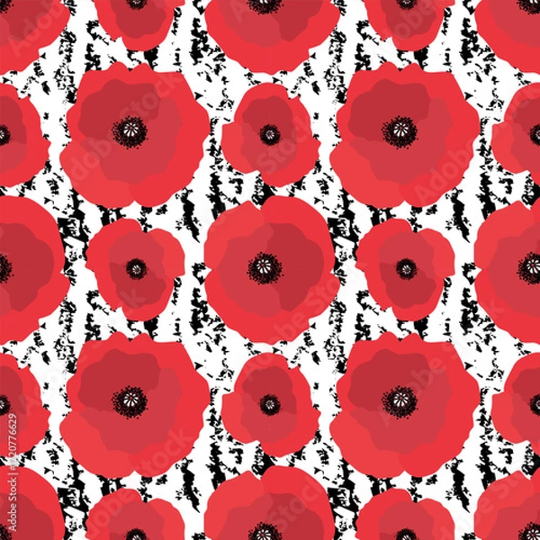 Fototapeta Floral Background with Red Poppies. Seamless Pattern with Big Red Flowers. Vector illustration on White Black Background