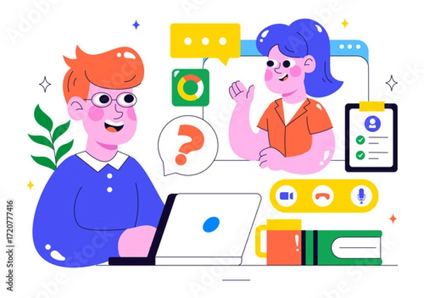 Obraz Remote Job Interview via Video Call Illustration Featuring HR and Candidate Communication for Recruitment and Hiring in Remote Work in a Background