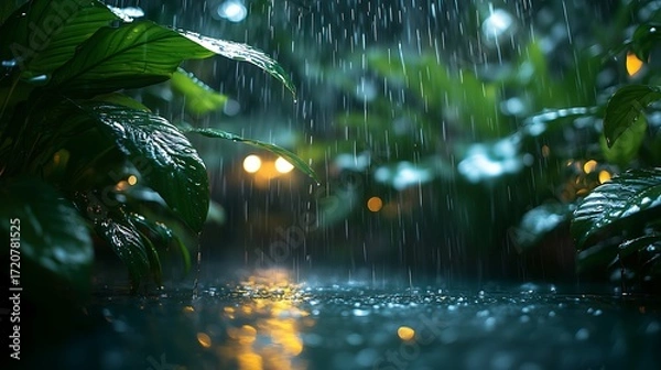Obraz Rainy Scene (Night/Dim Light): Large Green Leaves with Glistening Drops in Foreground, Rain Streaks, Blurred Bokeh Lights (Gold/White/Light Blue) with Reflections