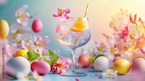 Obraz hyperrealistic image with low podium,, elegant gin tonic cocktail, easter eggs elements