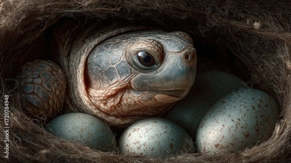 Obraz Gentle Guardian: A Turtle Watching Over Its Eggs in the Cozy Nest