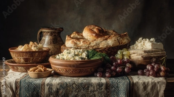 Obraz Rustic spread of food featuring bread, cheese, and grapes arranged artfully