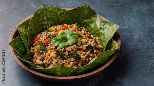 Obraz Exotic minced meat salad presented in fresh, vibrant banana leaves