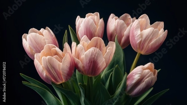 Obraz Elegance in Bloom: Delicate pink tulips with a dark moody background