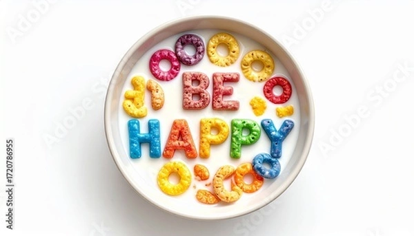 Fototapeta Be Happy Alphabet Cereal in Milk on White Background
