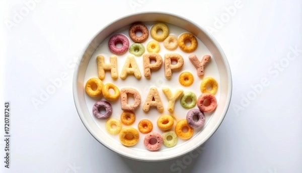 Fototapeta Happy Day Alphabet Cereal in Milk Isolated on White Background