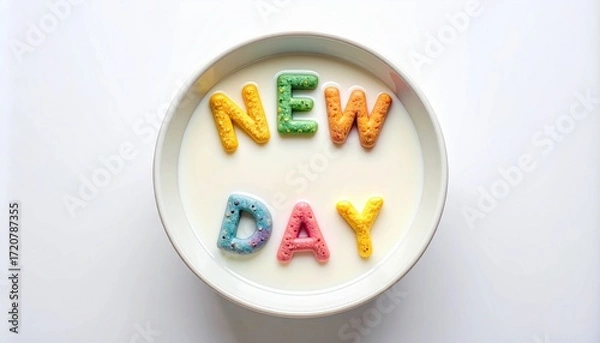 Fototapeta New Day Alphabet Cereal in Milk Isolated on White Background