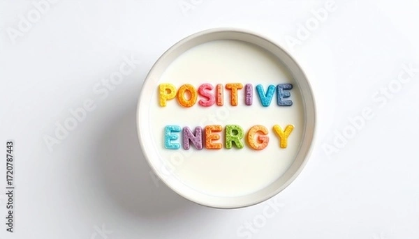 Fototapeta Positive Energy Alphabet Cereal in Milk Isolated on White Background