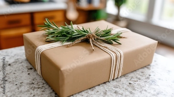 Fototapeta bundle of herbs in compostable wrapping made of cornstarch-based wrap, placed on natural kitchen counter, diffused eco-style lighting, kraft brown and ivory, close-up product photography, minimal