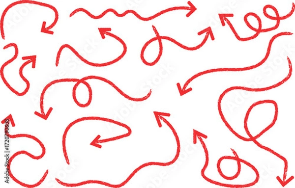 Obraz Red doodle arrows vector set, hand drawn curved, wavy, loop, spiral, crayon style directional arrow collection