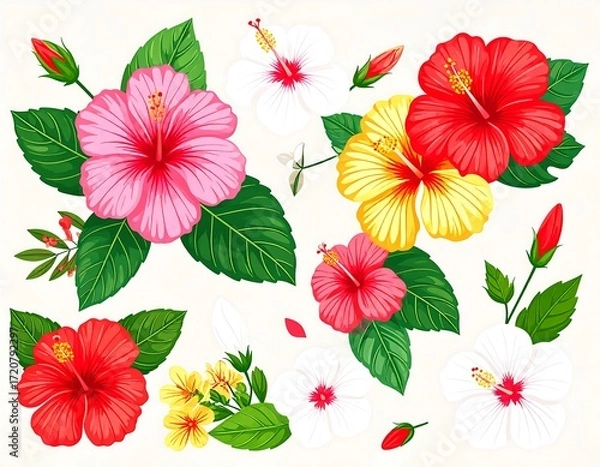 Fototapeta Vibrant hibiscus flowers in various colors and stages of bloom