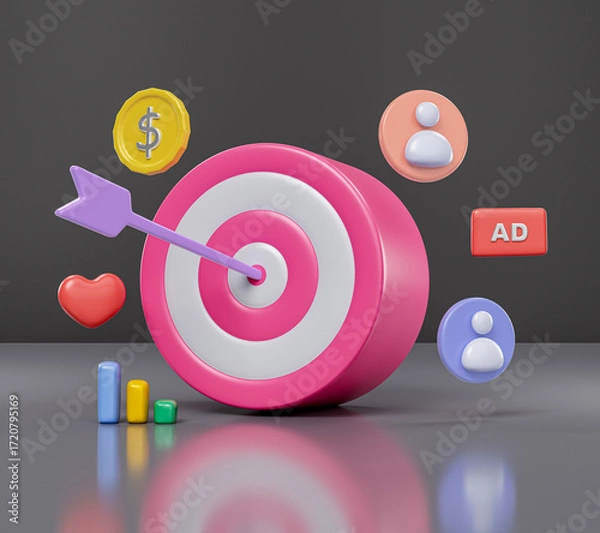 Fototapeta Arrow in target center with business icons. Target audience advertising concept. 3d render