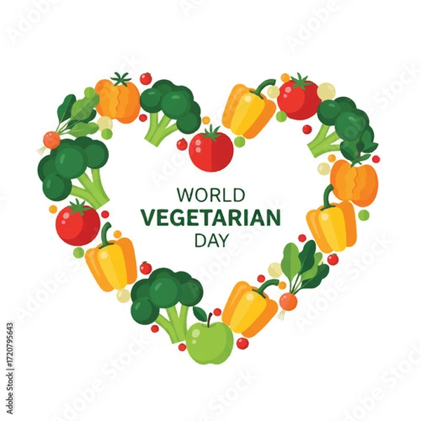 Fototapeta Heart-shaped arrangement of colorful vegetables and text celebrating World Vegetarian Day on a clean white background with a flat lay composition.