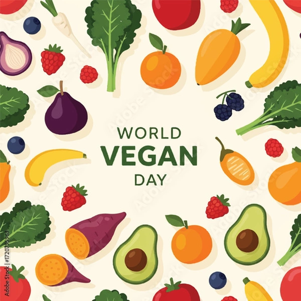 Fototapeta Vibrant flat lay of various fruits and vegetables with World Vegan Day text in a colorful, celebratory composition on a cream background.