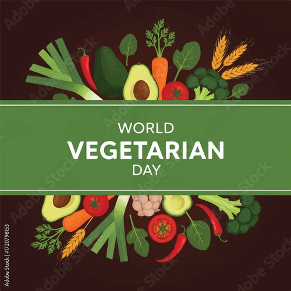 Fototapeta A vibrant illustration of various vegetables and fruits arranged around a green banner celebrating World Vegetarian Day on a dark background with a flat lay composition.