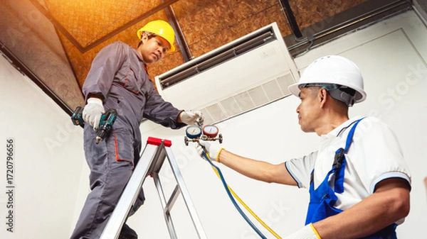 Fototapeta HVAC installation: Two professional technicians, in their safety helmets and workwear, diligently install a new air conditioning unit indoors.