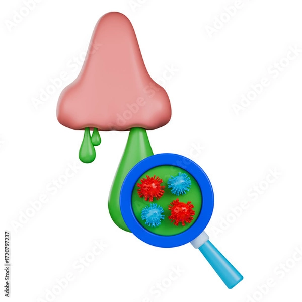 Fototapeta 3D medical illustration showing a runny nose and a magnifying glass revealing various types of viruses.
