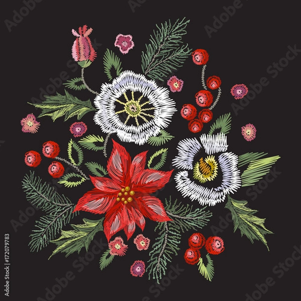 Fototapeta Embroidery christmas pattern with flowers, pine and mistletoe. Vector embroidered new year floral elements for design.