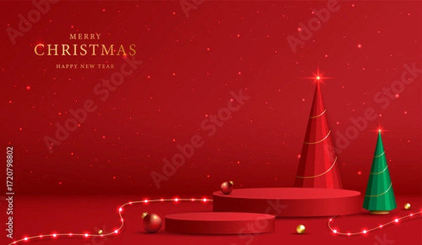 Fototapeta Podium shape for show cosmetic product display for christmas day or new years. Stand product showcase on red background with lighting christmas. vector design.