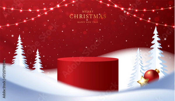 Fototapeta Podium shape for show cosmetic product display for christmas day or new years. Stand product showcase on red background with lighting christmas. vector design.