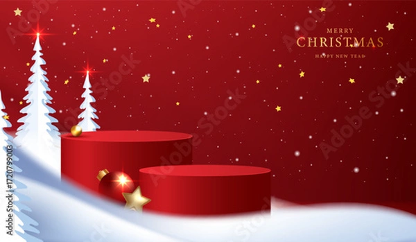 Fototapeta Podium shape for show cosmetic product display for christmas day or new years. Stand product showcase on red background with lighting christmas. vector design.