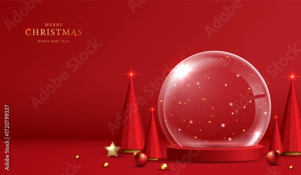 Fototapeta Podium shape for show cosmetic product display for christmas day or new years. Stand product showcase on red background with lighting christmas. vector design.