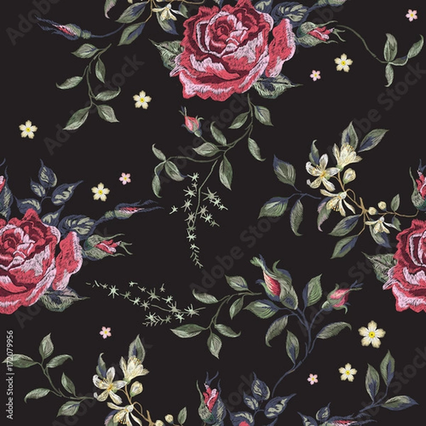 Fototapeta Embroidery floral seamless pattern with red roses. Vector embroidered bouquet with flowers for wearing design.