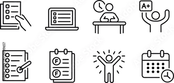 Fototapeta Minimalist line art icons for education success achievement and study featuring exams laptops and calendar vector