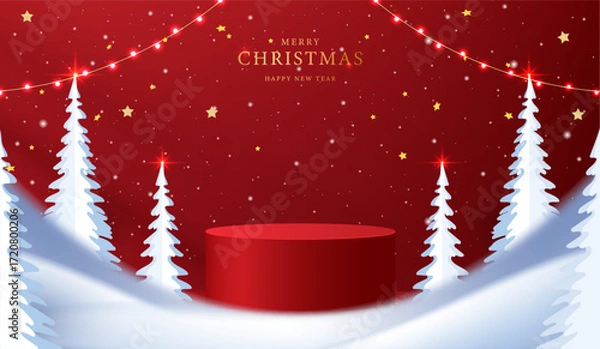 Fototapeta Podium shape for show cosmetic product display for christmas day or new years. Stand product showcase on red background with lighting christmas. vector design.