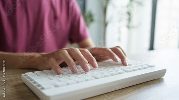 Fototapeta Hands man typing on white keyboard.