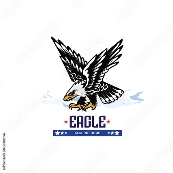 Fototapeta Illustration of a powerful eagle with wings spread wide, swooping down in attack position, designed as a bold and dynamic logo. Perfect for sports teams, patriotic emblems, security companies, outdoor